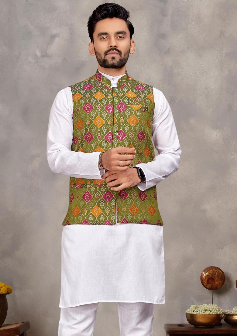 White Embroidered Cotton Nehru Jacket Set For Men