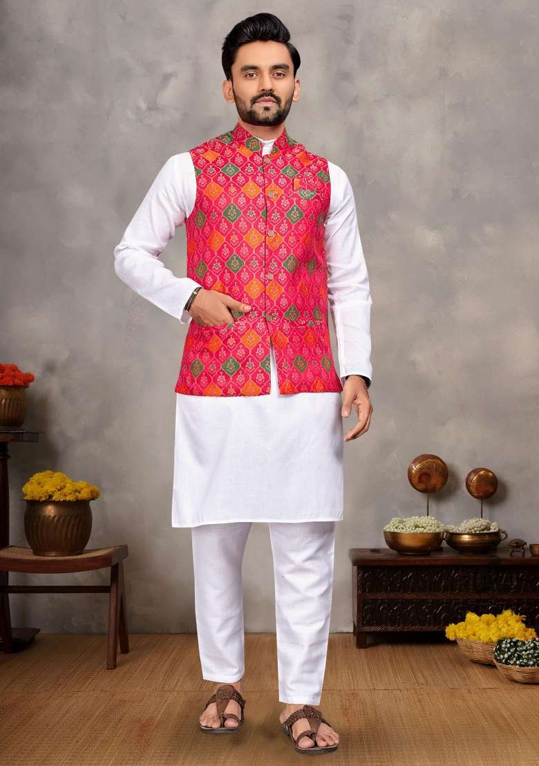 White Embroidered Cotton Nehru Jacket Set For Men - Indya