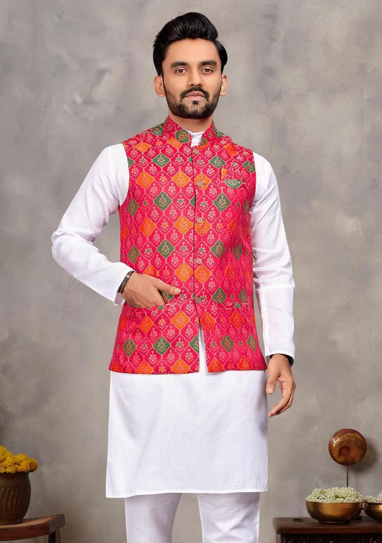 White Embroidered Cotton Nehru Jacket Set For Men