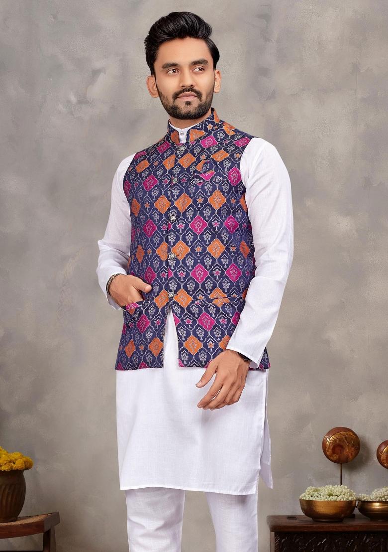 White Embroidered Cotton Nehru Jacket Set For Men