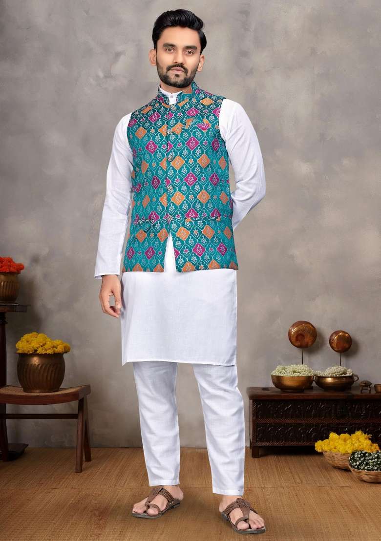 White Embroidered Cotton Nehru Jacket Set For Men - Indya