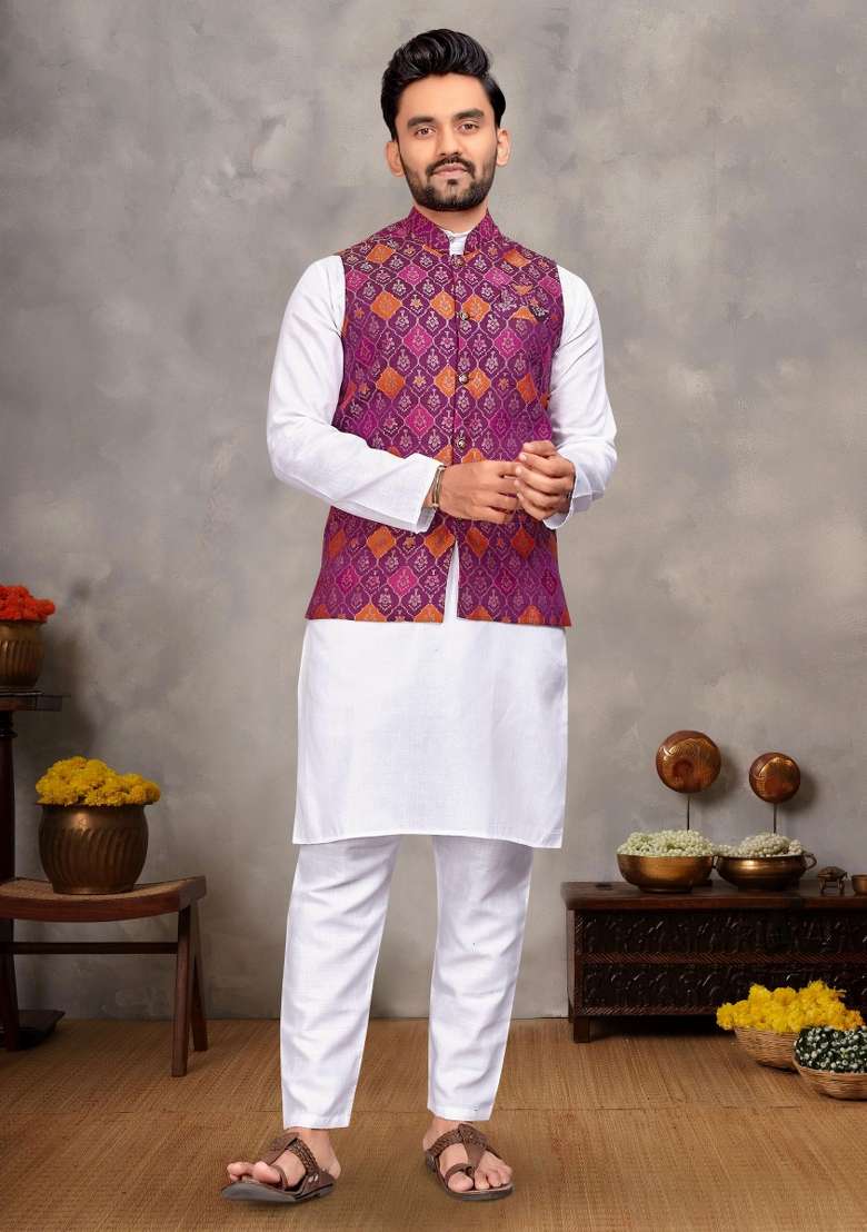 White Embroidered Cotton Nehru Jacket Set For Men - Indya
