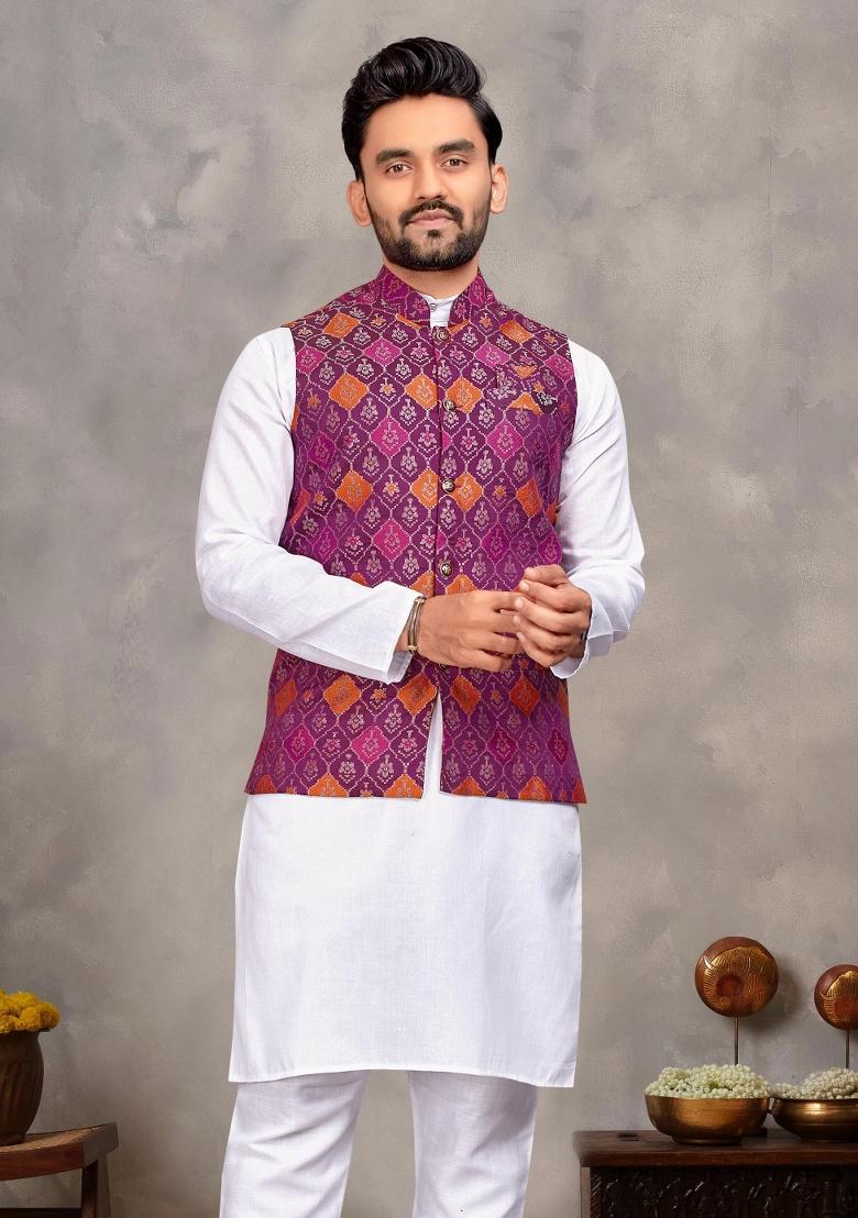 White Embroidered Cotton Nehru Jacket Set For Men