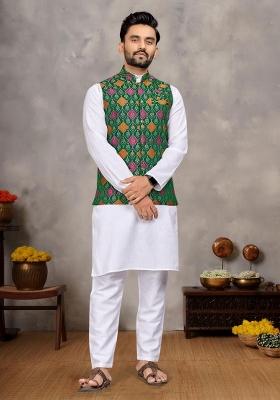 White Embroidered Cotton Nehru Jacket Set For Men