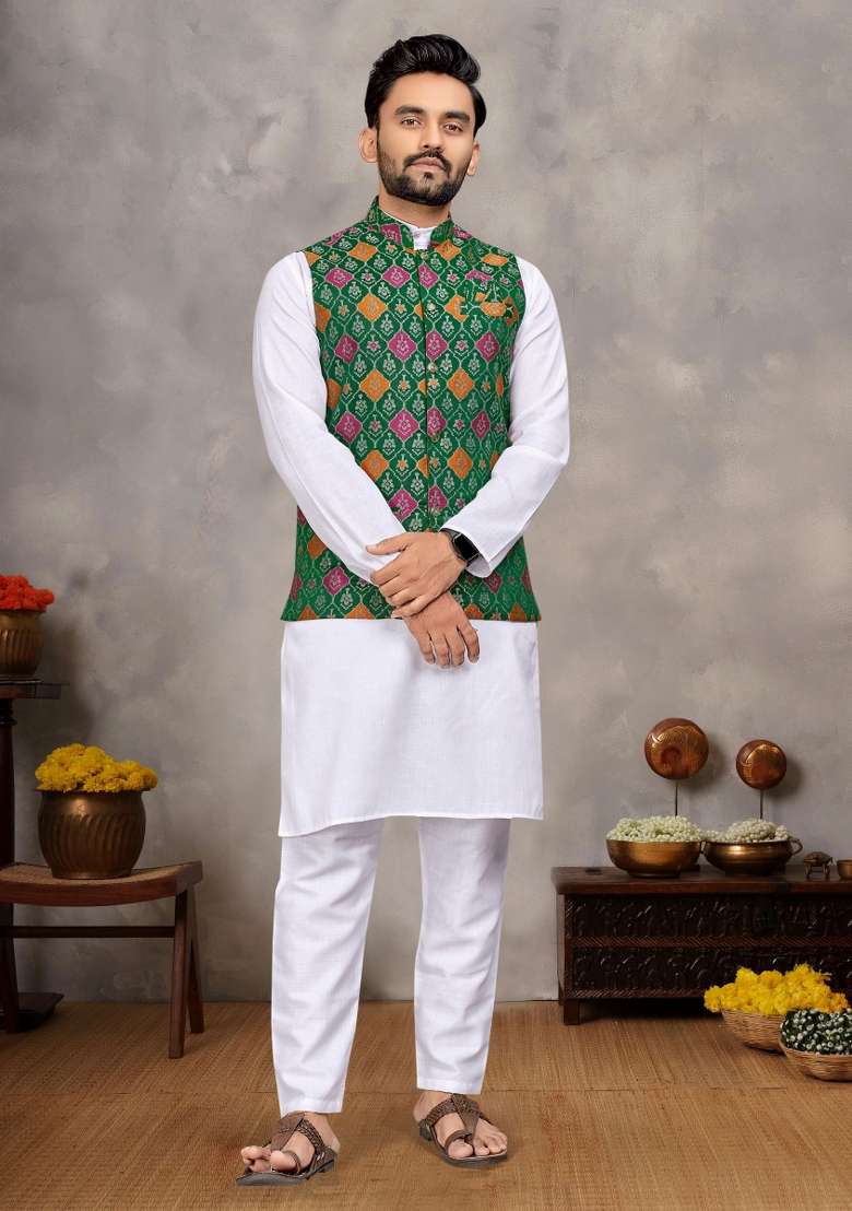 White Embroidered Cotton Nehru Jacket Set For Men - Indya