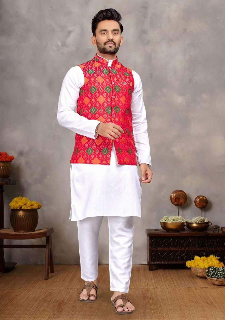 White Embroidered Cotton Nehru Jacket Set For Men - Indya