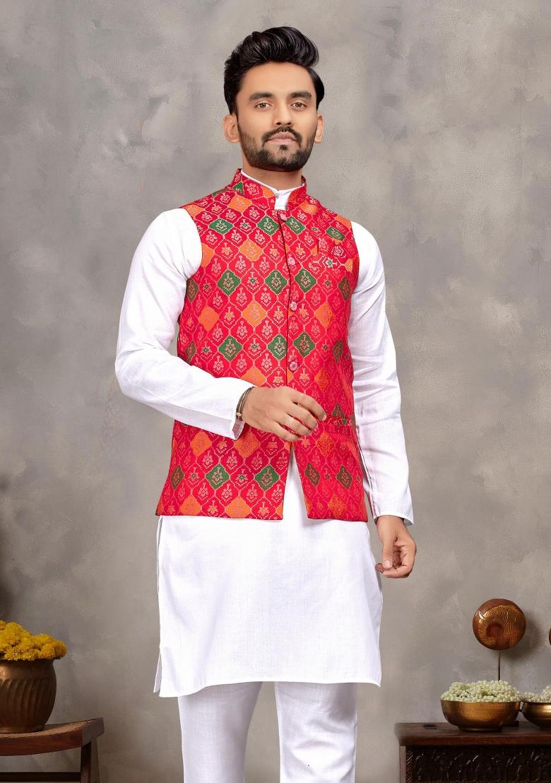 White Embroidered Cotton Nehru Jacket Set For Men