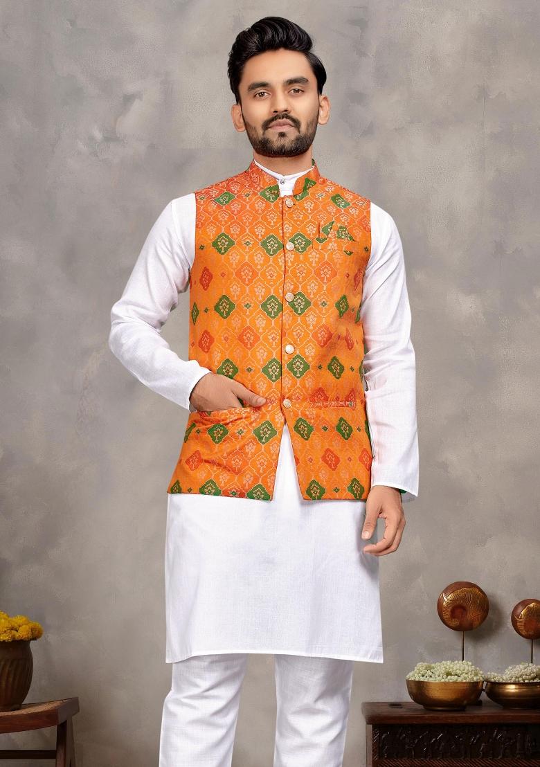 White Embroidered Cotton Nehru Jacket Set For Men