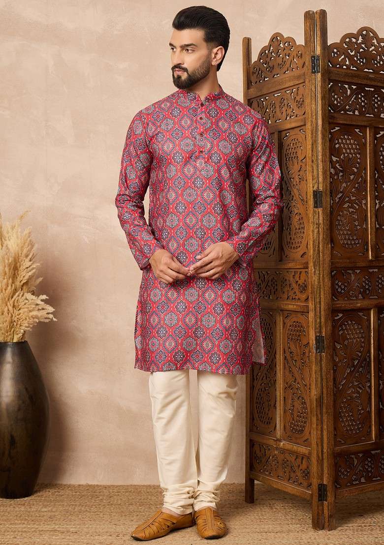 Red Ethnic Cotton Kurta For Men - Indya