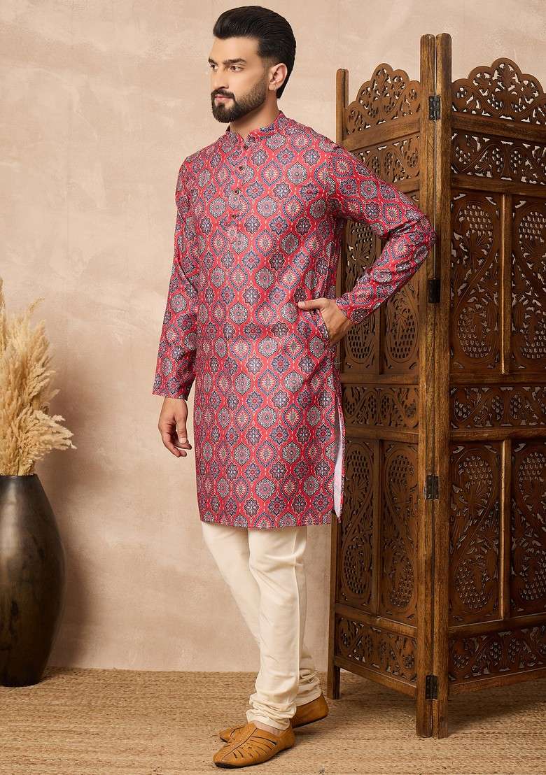 Red Ethnic Cotton Kurta For Men - Indya