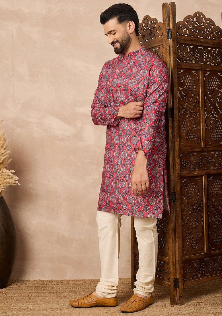 Red Ethnic Cotton Kurta For Men - Indya