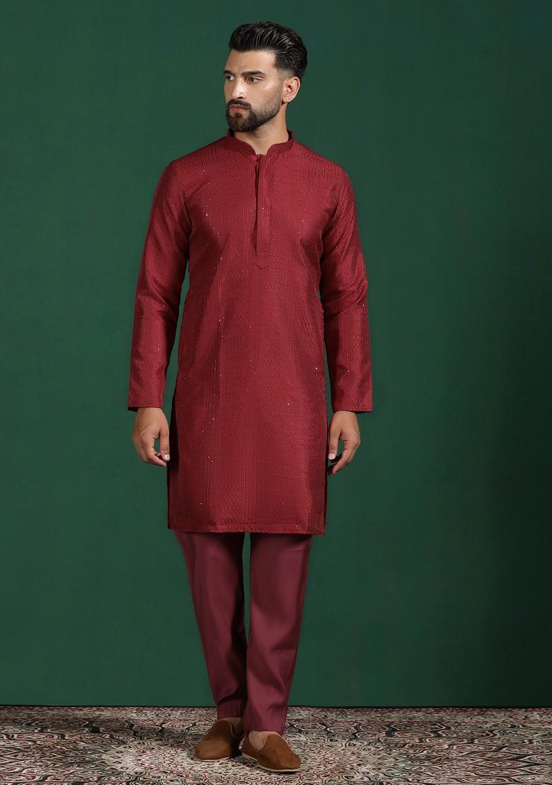Red Embroidered Cotton Kurta Set For Men