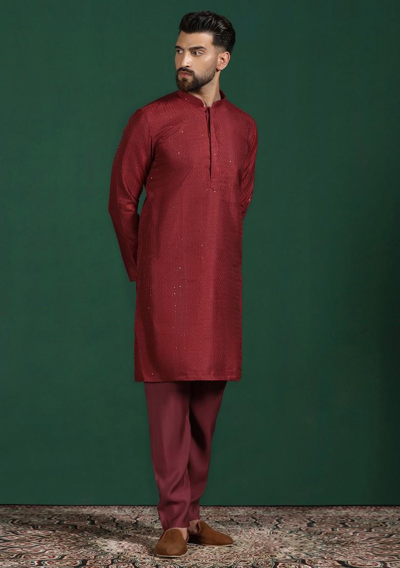 Red Embroidered Cotton Kurta Set For Men