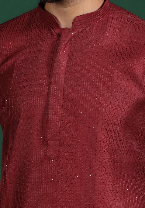 Red Embroidered Cotton Kurta Set For Men