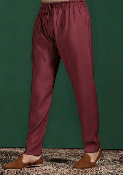 Red Embroidered Cotton Kurta Set For Men