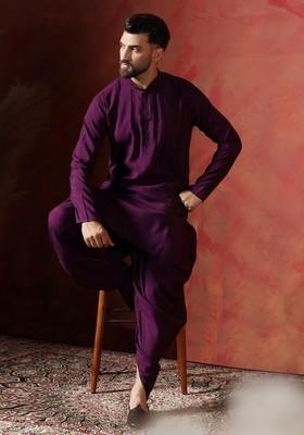 Purple Solid Cotton Kurta Set For Men