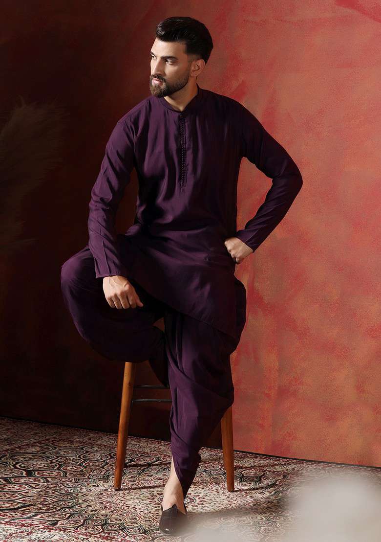 Purple Solid Cotton Kurta Set For Men - Indya