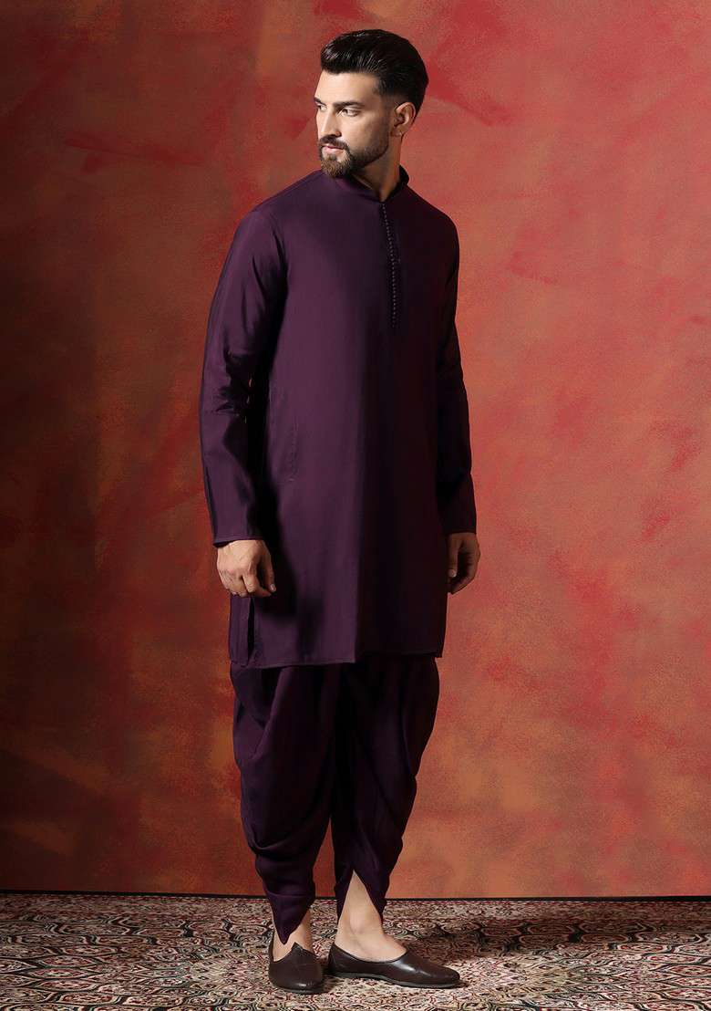 Purple Solid Cotton Kurta Set For Men - Indya