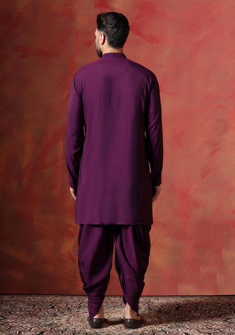 Purple Solid Cotton Kurta Set For Men