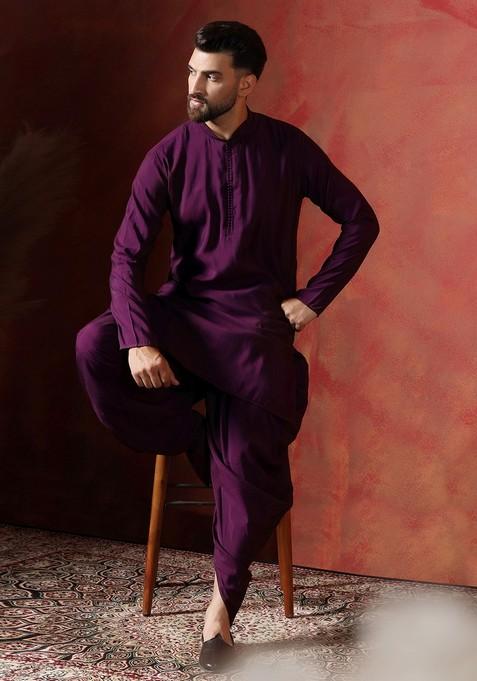 Purple Solid Cotton Kurta Set For Men