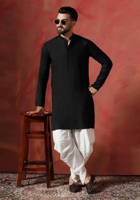 Black Solid Cotton Kurta Set For Men
