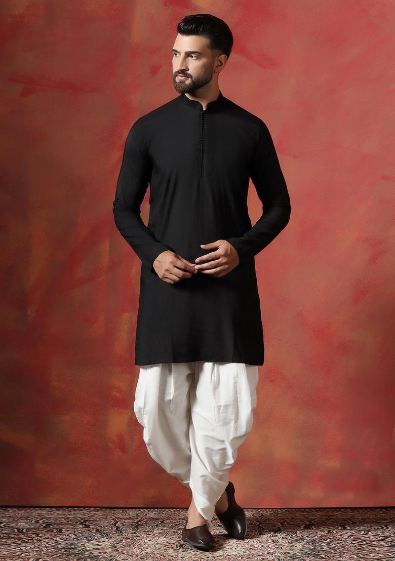 Black Solid Cotton Kurta Set For Men
