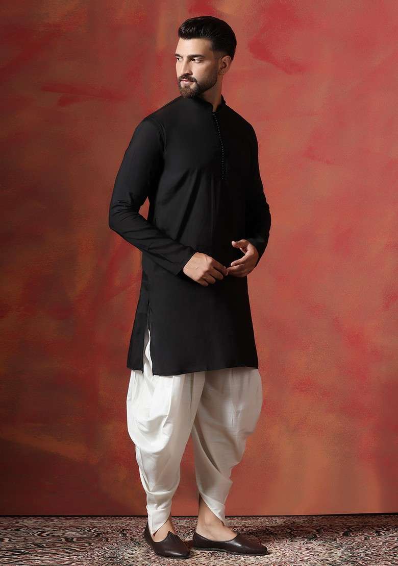Black Solid Cotton Kurta Set For Men - Indya