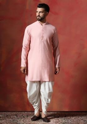 Peach Solid Cotton Kurta Set For Men