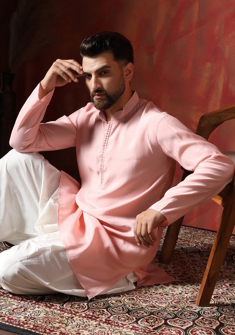 Peach Solid Cotton Kurta Set For Men