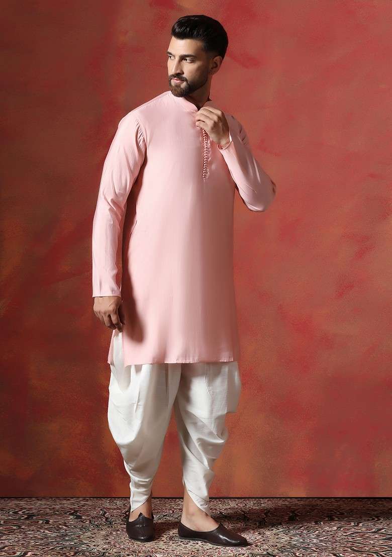 Peach Solid Cotton Kurta Set For Men - Indya