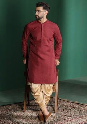 Red Embroidered Cotton Kurta Set For Men