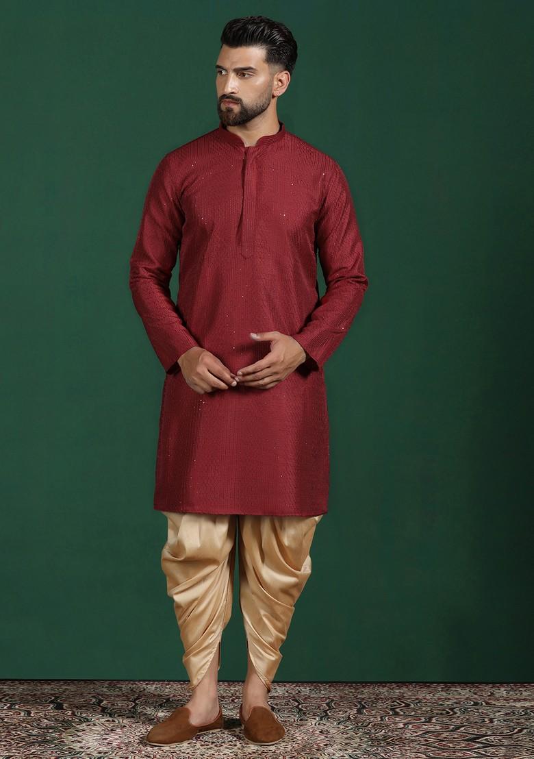 Red Embroidered Cotton Kurta Set For Men