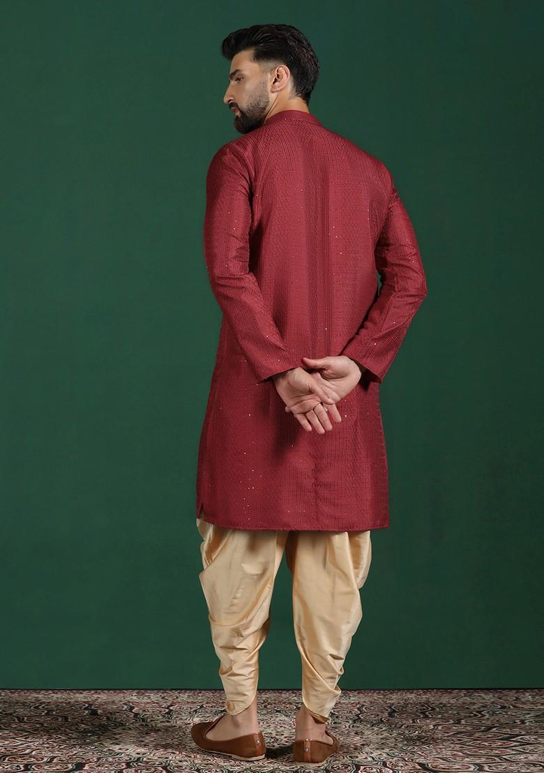 Red Embroidered Cotton Kurta Set For Men