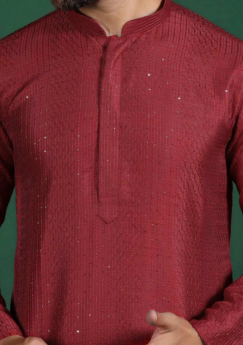Red Embroidered Cotton Kurta Set For Men