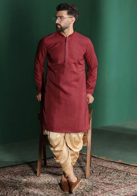 Red Embroidered Cotton Kurta Set For Men