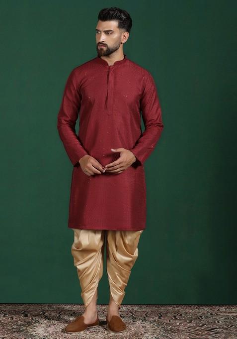 Red Embroidered Cotton Kurta Set For Men