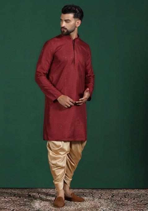 Red Embroidered Cotton Kurta Set For Men