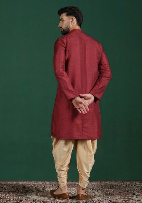 Red Embroidered Cotton Kurta Set For Men