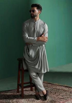 Grey Solid Cotton Kurta Set For Men
