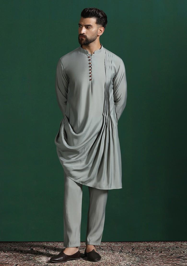 Grey Solid Cotton Kurta Set For Men