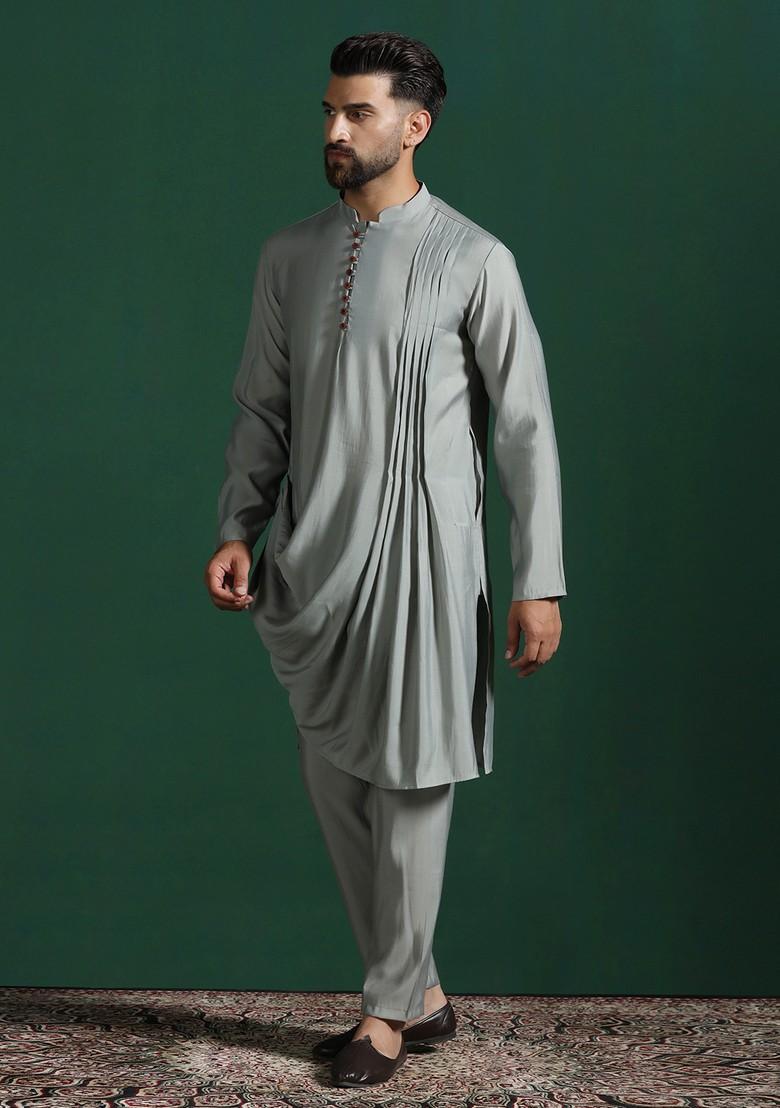 Grey Solid Cotton Kurta Set For Men