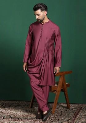 Red Solid Cotton Kurta Set For Men