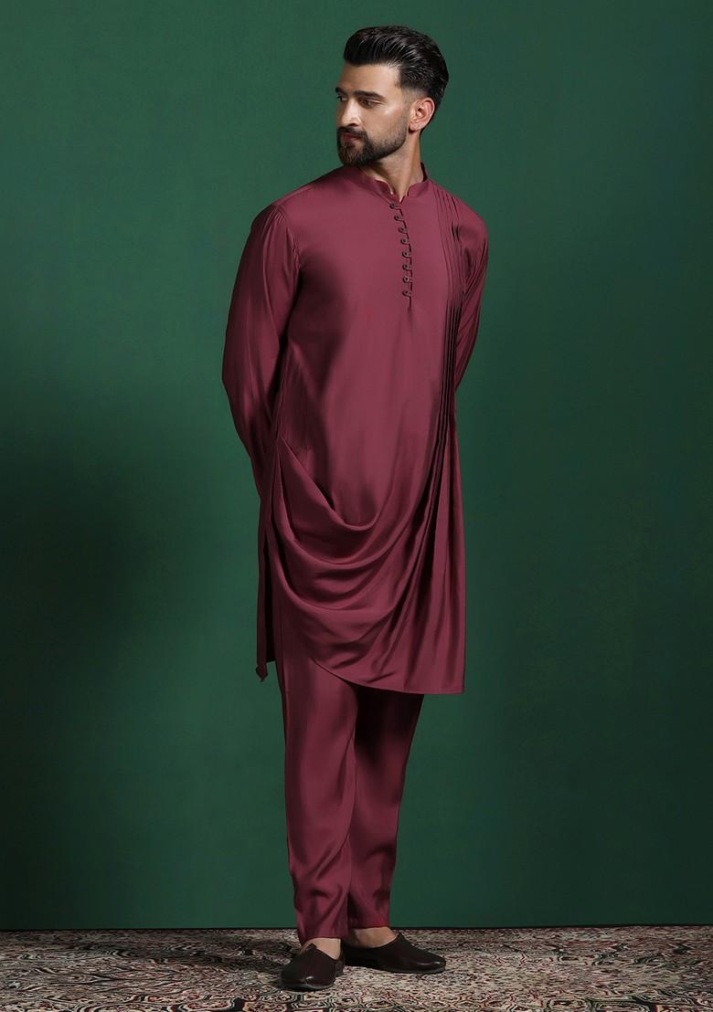 Red Solid Cotton Kurta Set For Men
