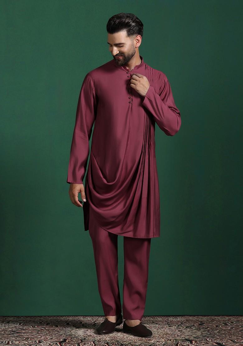 Red Solid Cotton Kurta Set For Men