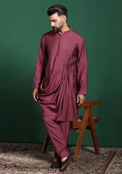 Red Solid Cotton Kurta Set For Men