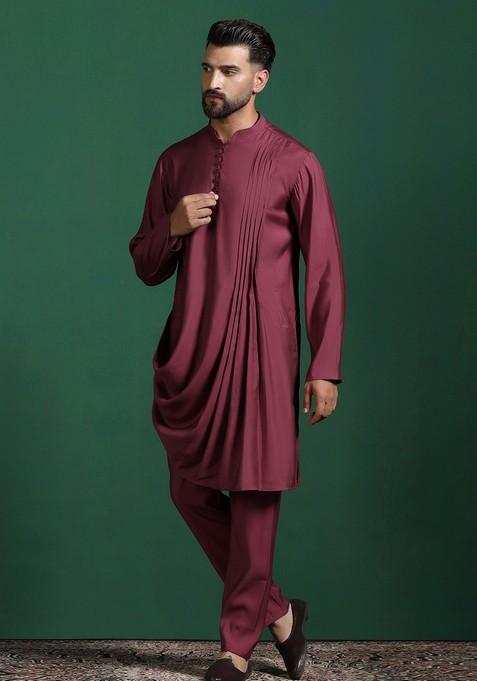 Red Solid Cotton Kurta Set For Men