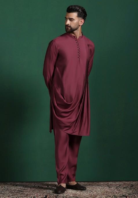 Red Solid Cotton Kurta Set For Men