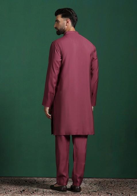 Red Solid Cotton Kurta Set For Men