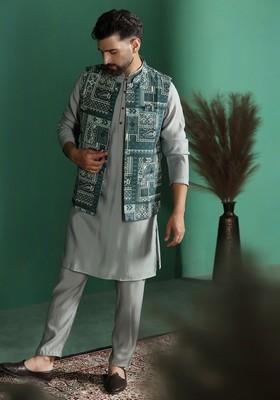 Grey Solid Cotton Nehru Jacket Set For Men
