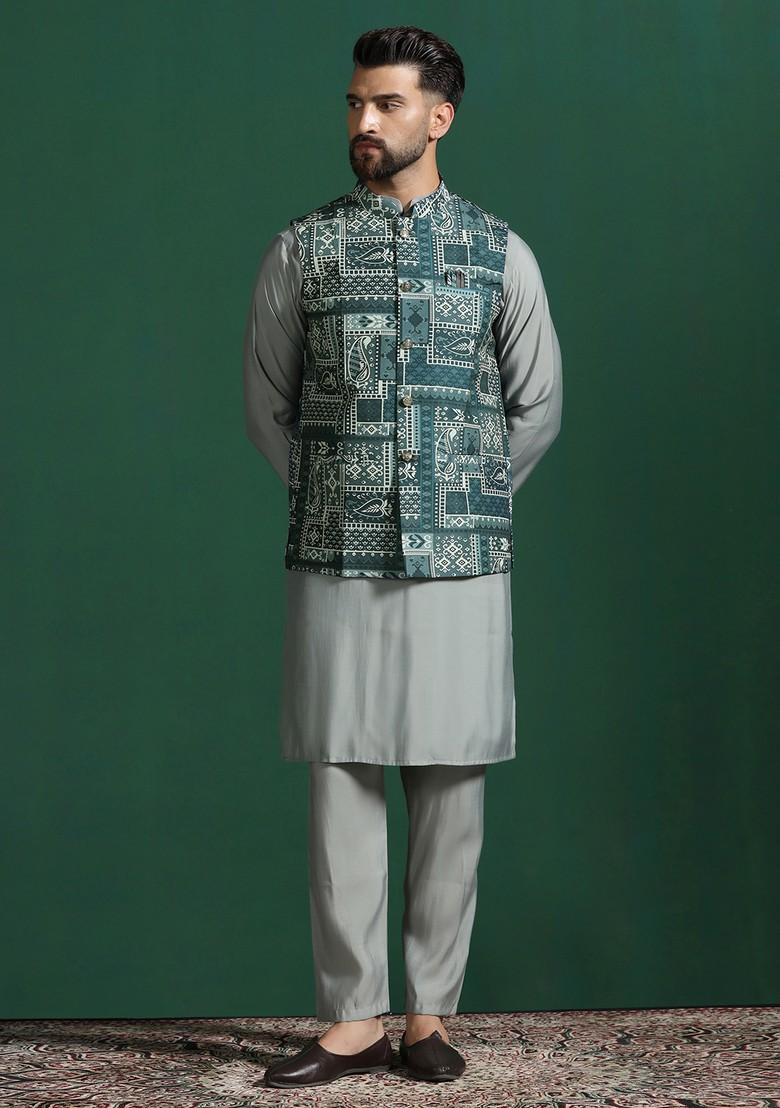 Grey Solid Cotton Nehru Jacket Set For Men